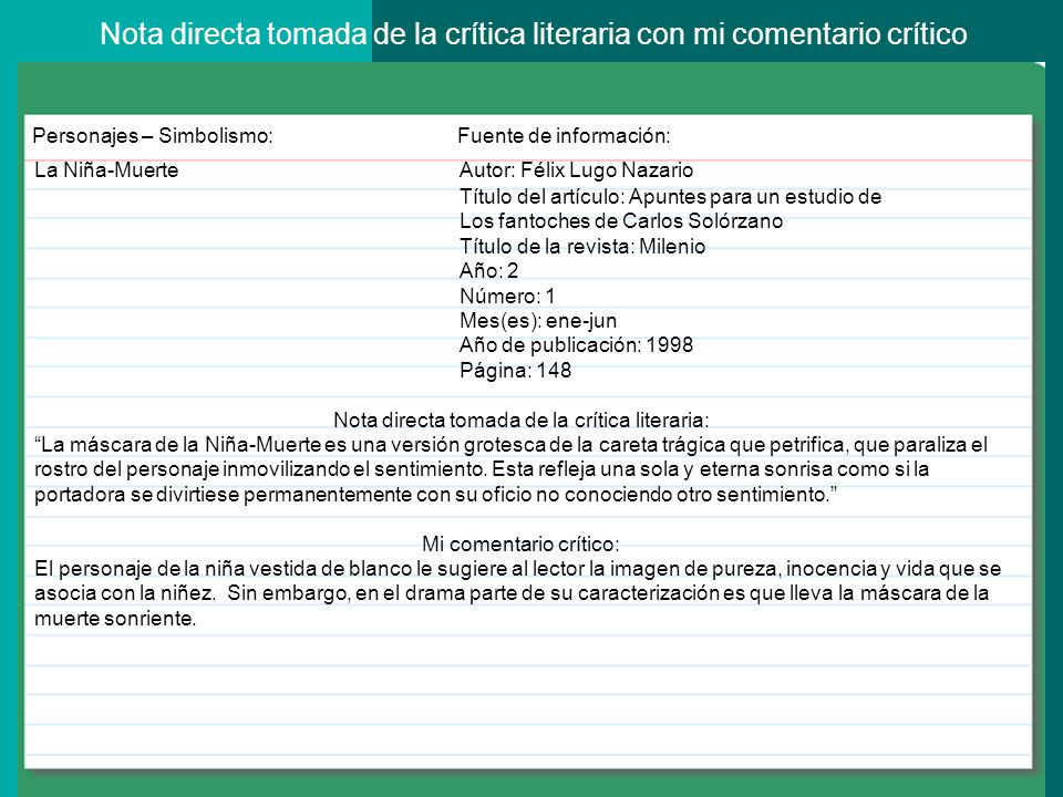 Nota directa tomada de la crítica literaria con mi comentario crítico