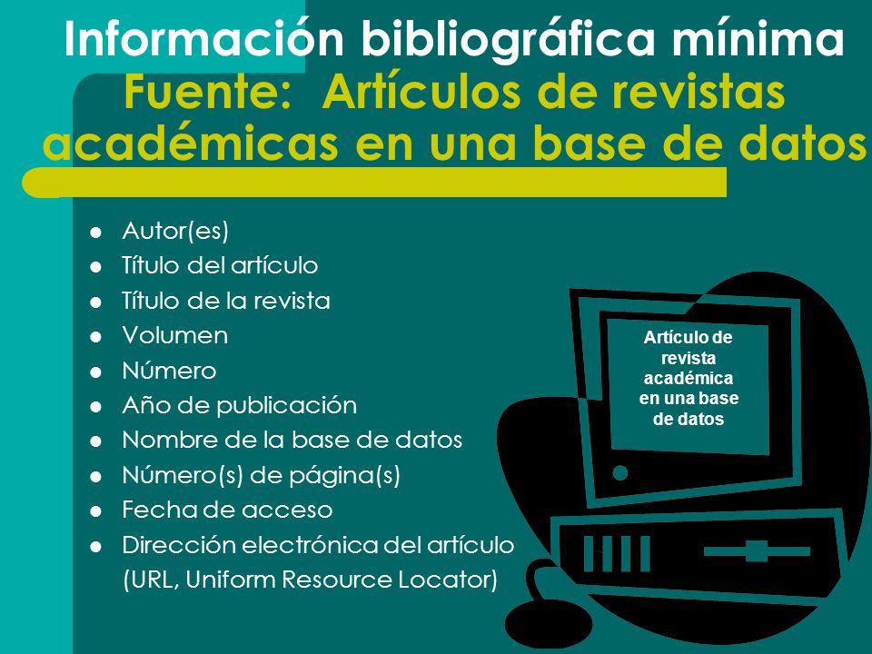 Información bibliográfica mínima Fuente: Artículos de revistas académicas en una base de datos