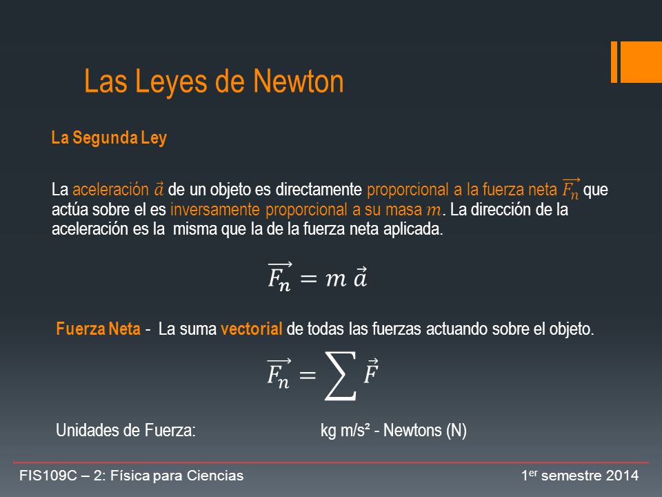 Las Leyes de Newton 𝐹 𝑛 =𝑚 𝑎 𝐹 𝑛 = 𝐹 La Segunda Ley