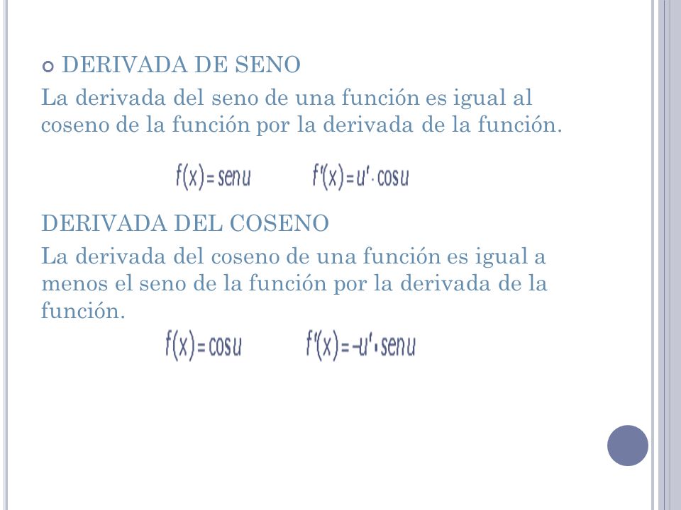 DERIVADA DE SENO La derivada del seno de una función es igual al coseno de la función por la derivada de la función.