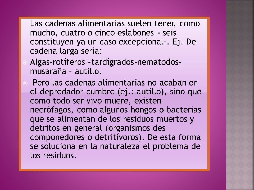 Las cadenas alimentarias suelen tener, como mucho, cuatro o cinco eslabones - seis constituyen ya un caso excepcional-. Ej. De cadena larga sería: