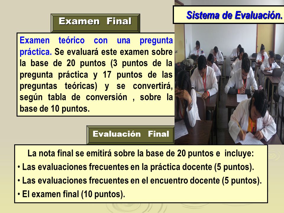 La nota final se emitirá sobre la base de 20 puntos e incluye: