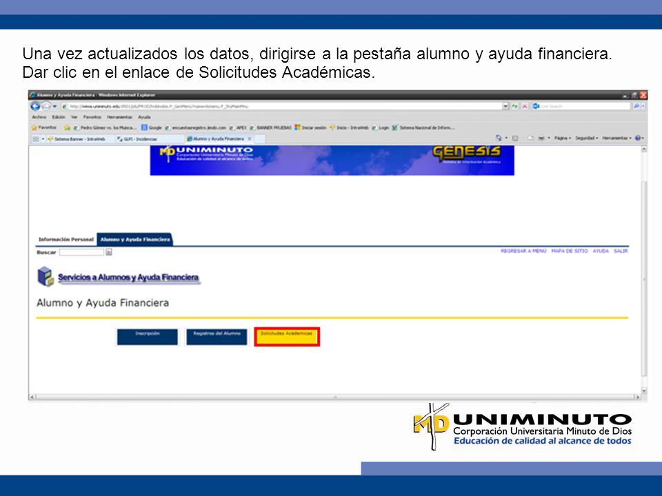 Una vez actualizados los datos, dirigirse a la pestaña alumno y ayuda financiera.