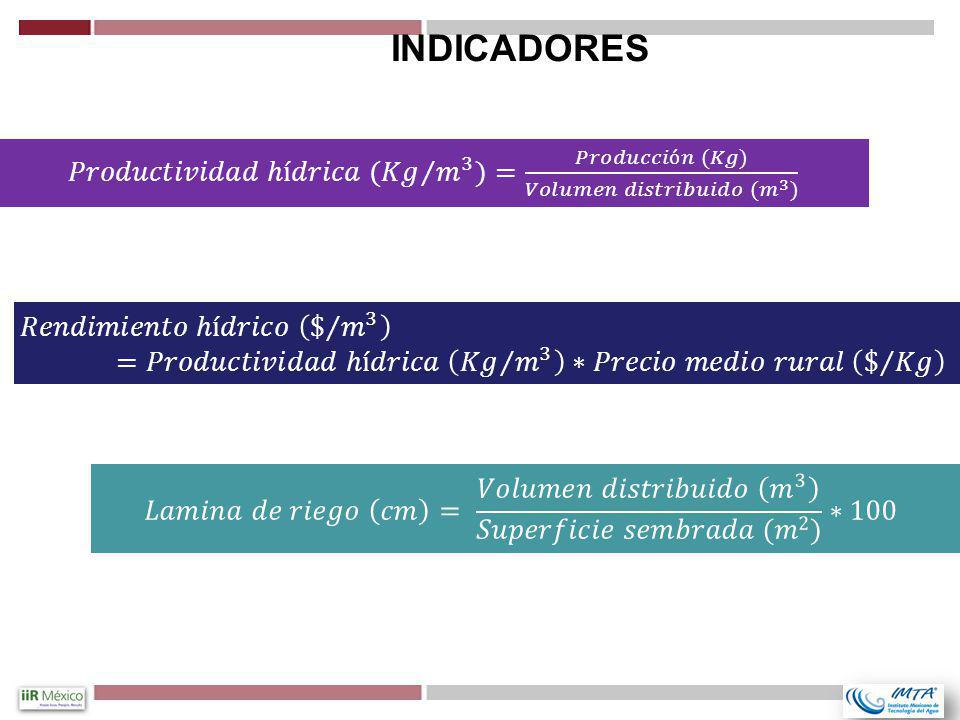 INDICADORES 𝑃𝑟𝑜𝑑𝑢𝑐𝑡𝑖𝑣𝑖𝑑𝑎𝑑 ℎí𝑑𝑟𝑖𝑐𝑎 ( 𝐾𝑔 𝑚 3 ) = 𝑃𝑟𝑜𝑑𝑢𝑐𝑐𝑖ó𝑛 (𝐾𝑔) 𝑉𝑜𝑙𝑢𝑚𝑒𝑛 𝑑𝑖𝑠𝑡𝑟𝑖𝑏𝑢𝑖𝑑𝑜 ( 𝑚 3 )