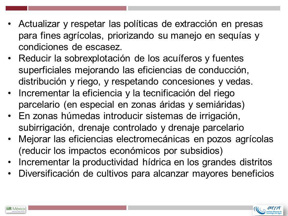 Actualizar y respetar las políticas de extracción en presas para fines agrícolas, priorizando su manejo en sequías y condiciones de escasez.