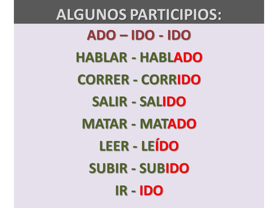 ALGUNOS PARTICIPIOS: ADO – IDO - IDO HABLAR - HABLADO CORRER - CORRIDO SALIR - SALIDO MATAR - MATADO LEER - LEÍDO SUBIR - SUBIDO IR - IDO