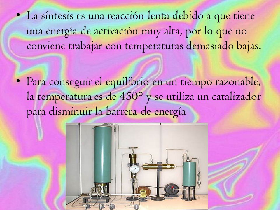 La síntesis es una reacción lenta debido a que tiene una energía de activación muy alta, por lo que no conviene trabajar con temperaturas demasiado bajas.