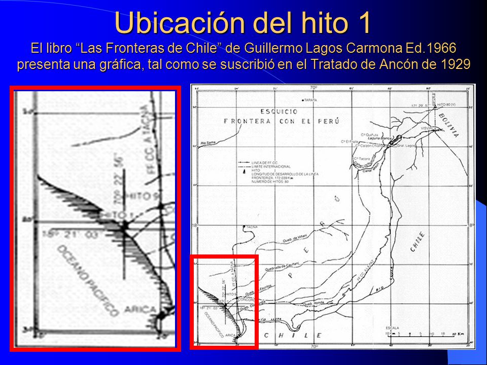 Ubicación del hito 1 El libro Las Fronteras de Chile de Guillermo Lagos Carmona Ed.1966 presenta una gráfica, tal como se suscribió en el Tratado de Ancón de 1929