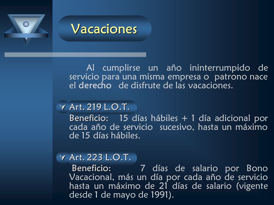 Vacaciones Al cumplirse un año ininterrumpido de servicio para una misma empresa o patrono nace el derecho de disfrute de las vacaciones.