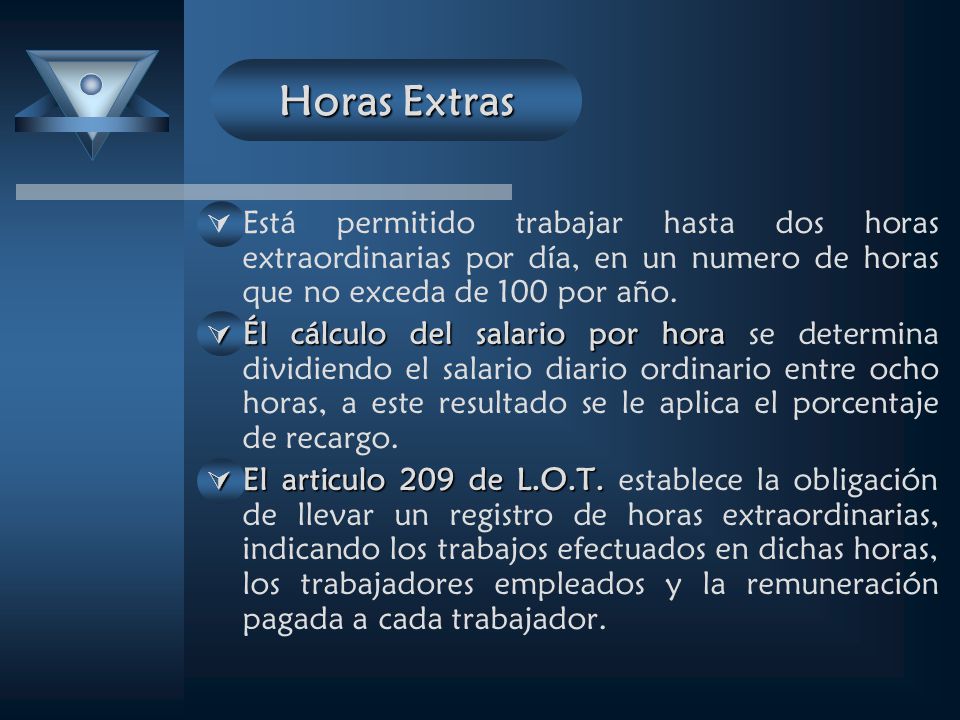 Horas Extras Está permitido trabajar hasta dos horas extraordinarias por día, en un numero de horas que no exceda de 100 por año.