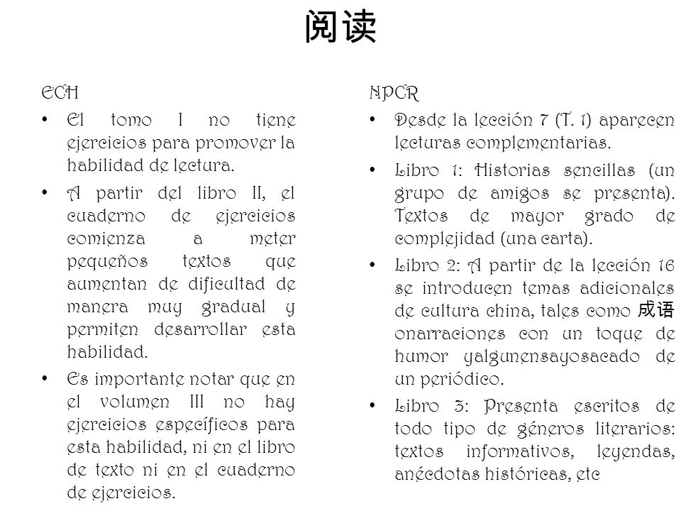 阅读 ECH. El tomo I no tiene ejercicios para promover la habilidad de lectura.