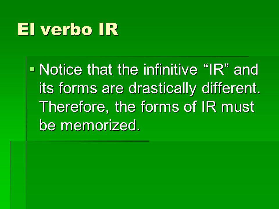 El verbo IR Notice that the infinitive IR and its forms are drastically different.