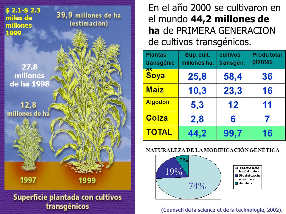 En el año 2000 se cultivaron en el mundo 44,2 millones de ha de PRIMERA GENERACION de cultivos transgénicos.