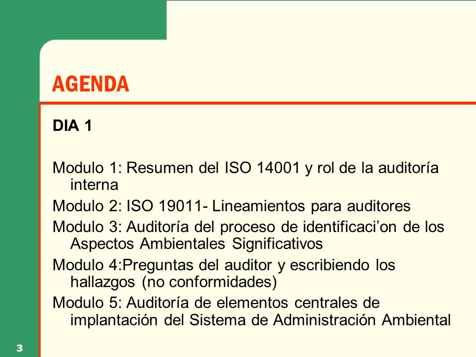 AGENDA DIA 1. Modulo 1: Resumen del ISO y rol de la auditoría interna. Modulo 2: ISO Lineamientos para auditores.