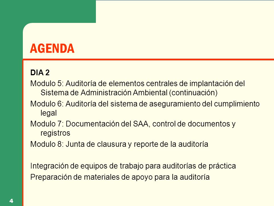AGENDA DIA 2. Modulo 5: Auditoría de elementos centrales de implantación del Sistema de Administración Ambiental (continuación)