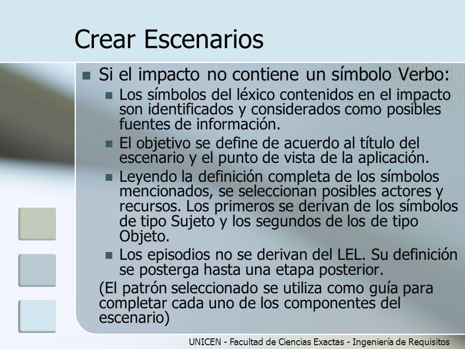 Crear Escenarios Si el impacto no contiene un símbolo Verbo: