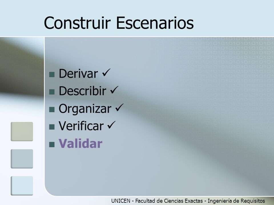 Construir Escenarios Derivar  Describir  Organizar  Verificar 