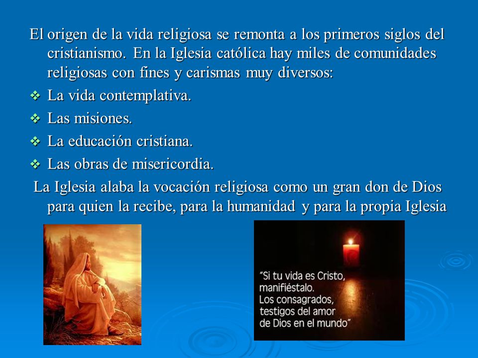 El origen de la vida religiosa se remonta a los primeros siglos del cristianismo. En la Iglesia católica hay miles de comunidades religiosas con fines y carismas muy diversos: