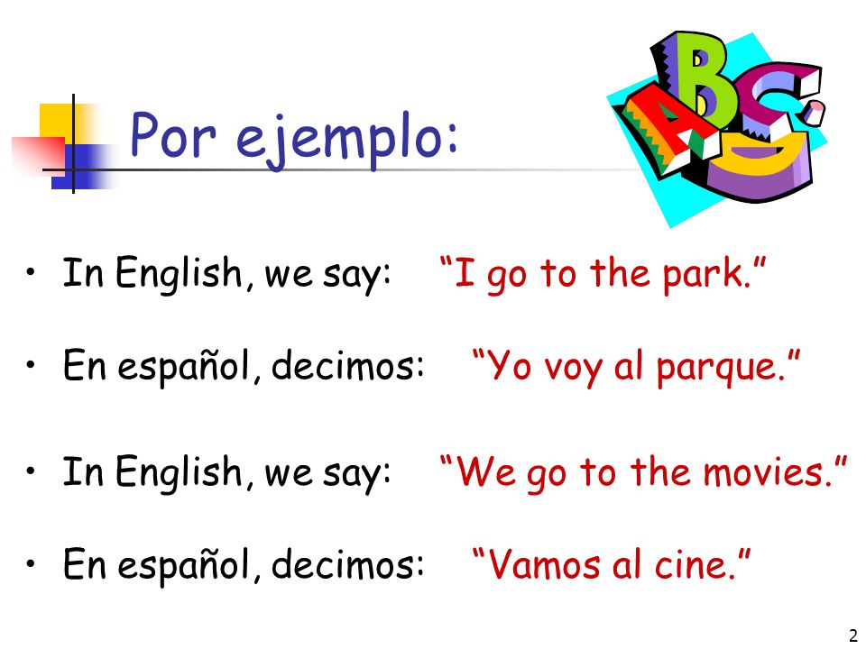 Por ejemplo: In English, we say: I go to the park.