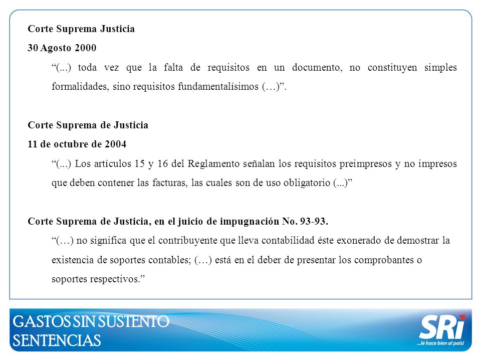 GASTOS SIN SUSTENTO SENTENCIAS Corte Suprema Justicia 30 Agosto 2000