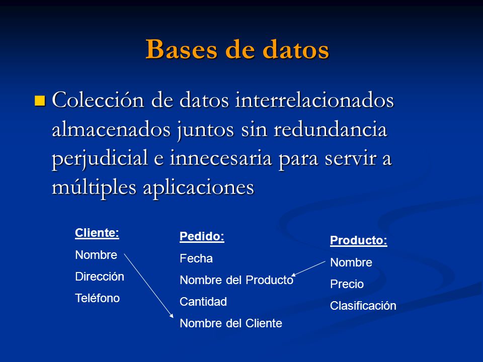 Bases de datos Colección de datos interrelacionados almacenados juntos sin redundancia perjudicial e innecesaria para servir a múltiples aplicaciones.