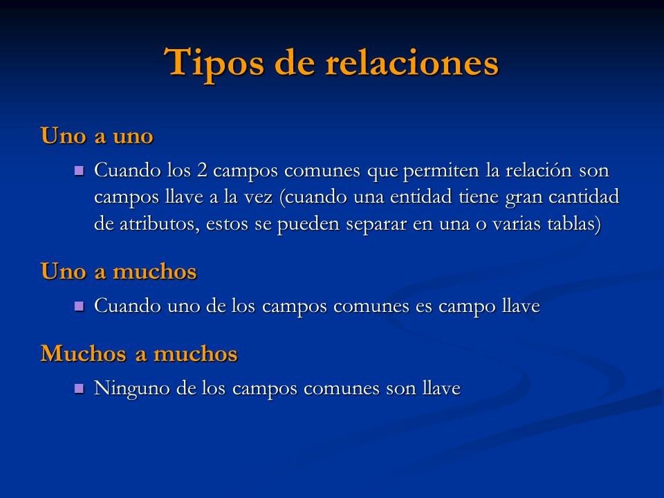 Tipos de relaciones Uno a uno Uno a muchos Muchos a muchos
