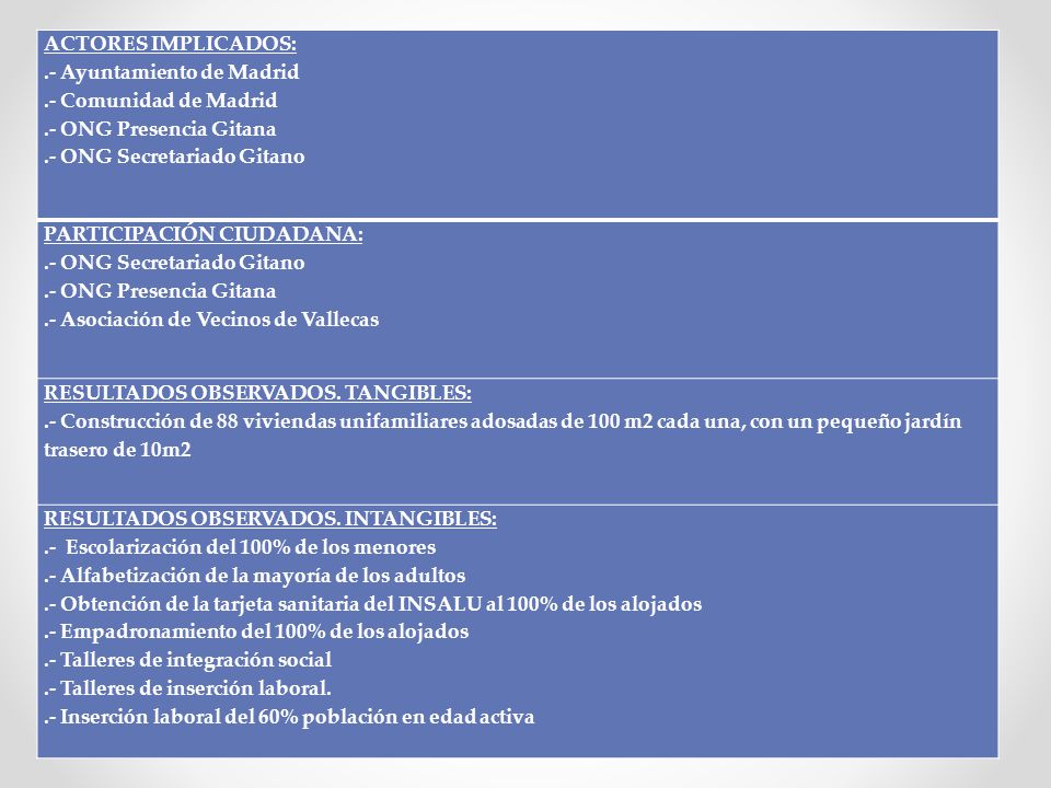ACTORES IMPLICADOS: .- Ayuntamiento de Madrid. .- Comunidad de Madrid. .- ONG Presencia Gitana. .- ONG Secretariado Gitano.
