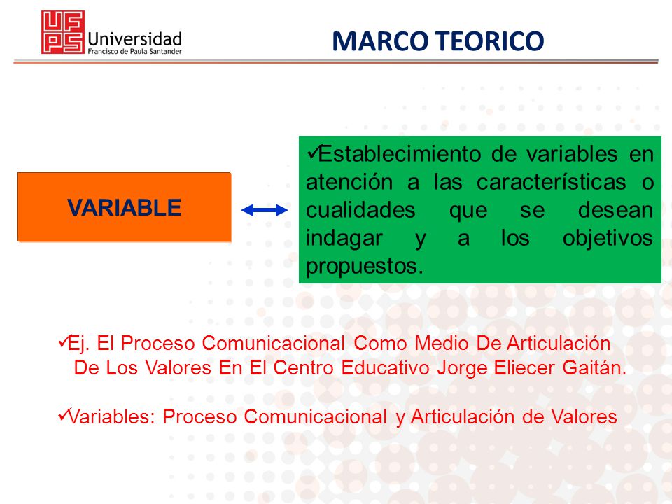 MARCO TEORICO Establecimiento de variables en atención a las características o cualidades que se desean indagar y a los objetivos propuestos.