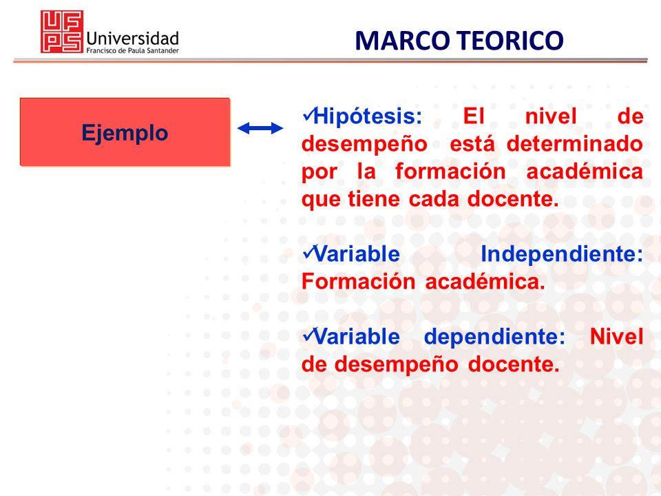 MARCO TEORICO Ejemplo. Hipótesis: El nivel de desempeño está determinado por la formación académica que tiene cada docente.