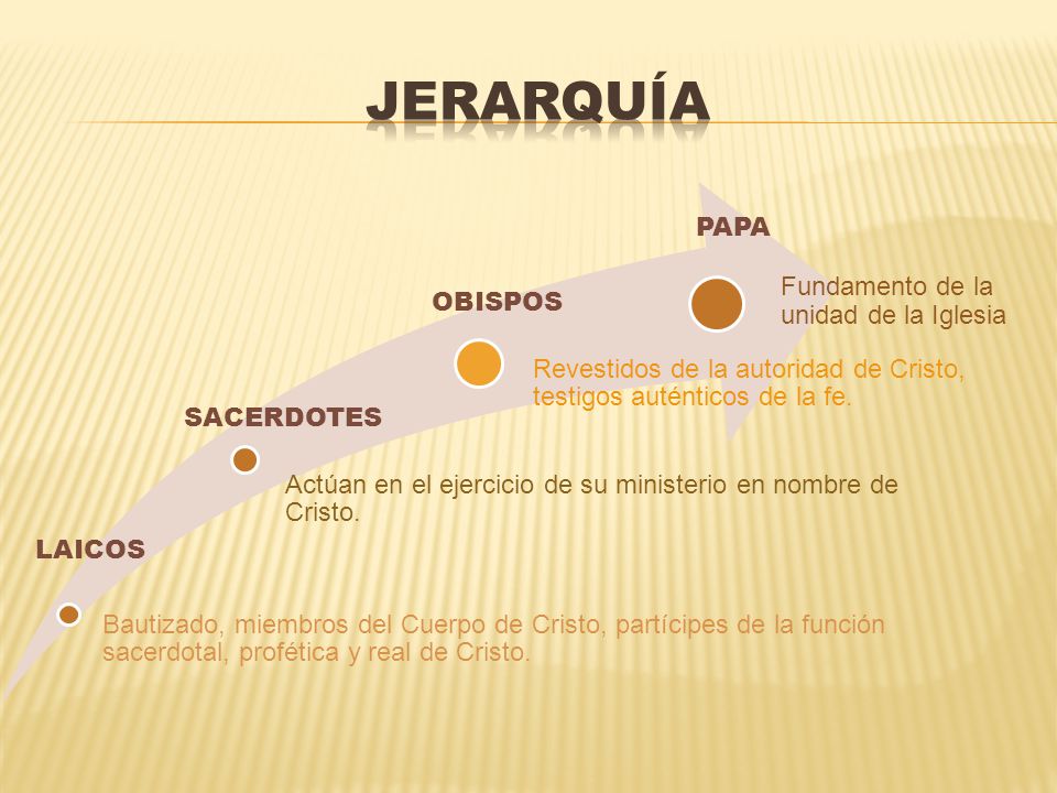 JERARQUÍA Bautizado, miembros del Cuerpo de Cristo, partícipes de la función sacerdotal, profética y real de Cristo.