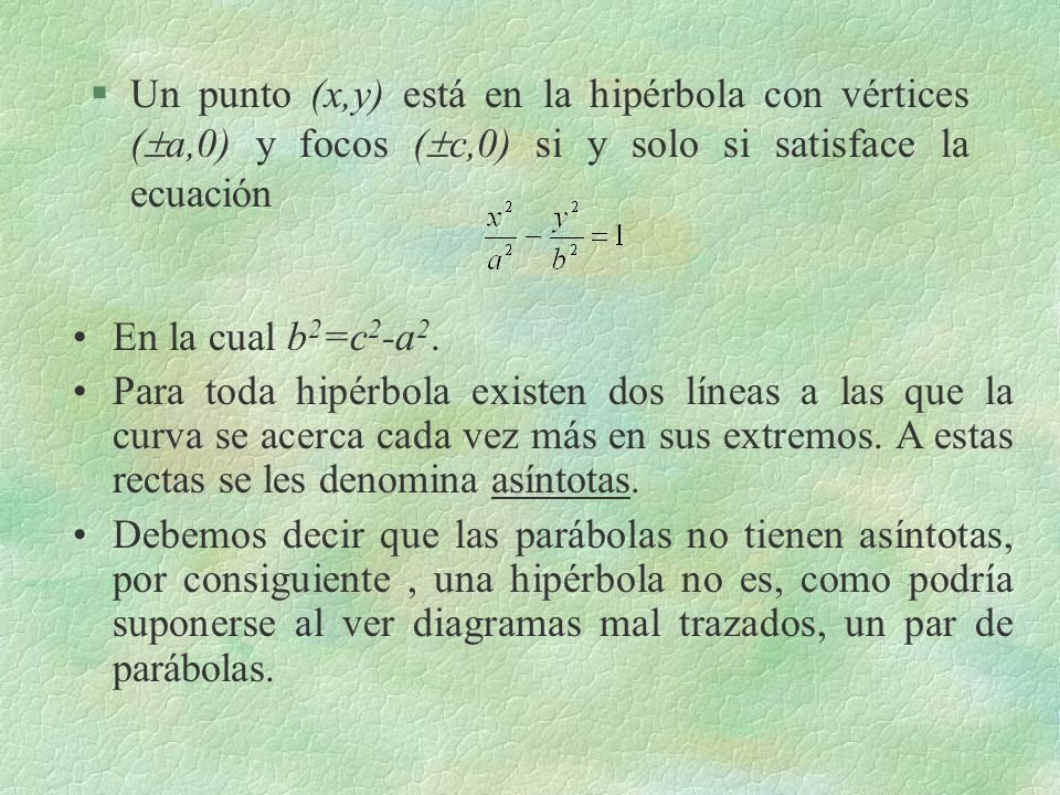 Un punto (x,y) está en la hipérbola con vértices (a,0) y focos (c,0) si y solo si satisface la ecuación