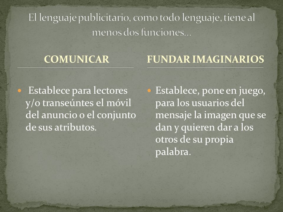 El lenguaje publicitario, como todo lenguaje, tiene al menos dos funciones…