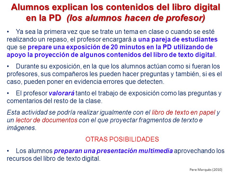 Alumnos explican los contenidos del libro digital en la PD (los alumnos hacen de profesor)