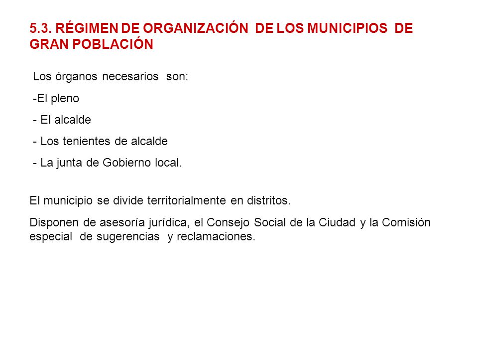 5.3. RÉGIMEN DE ORGANIZACIÓN DE LOS MUNICIPIOS DE GRAN POBLACIÓN