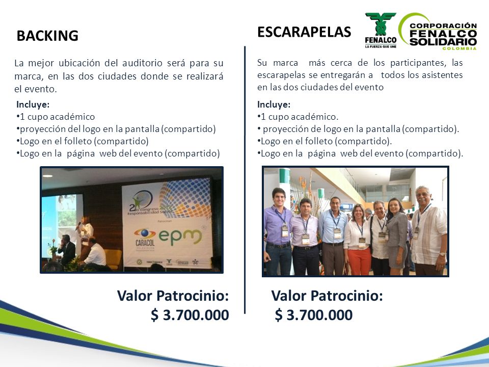 ESCARAPELAS BACKING Valor Patrocinio: $ Valor Patrocinio: