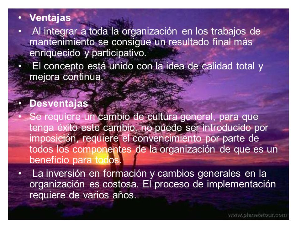 Ventajas Al integrar a toda la organización en los trabajos de mantenimiento se consigue un resultado final más enriquecido y participativo.