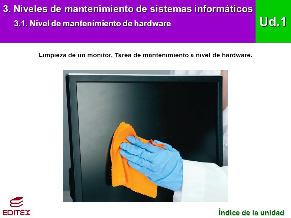Limpieza de un monitor. Tarea de mantenimiento a nivel de hardware.