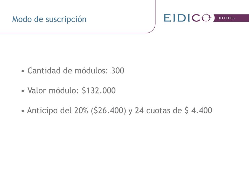 Modo de suscripción Cantidad de módulos: 300. Valor módulo: $