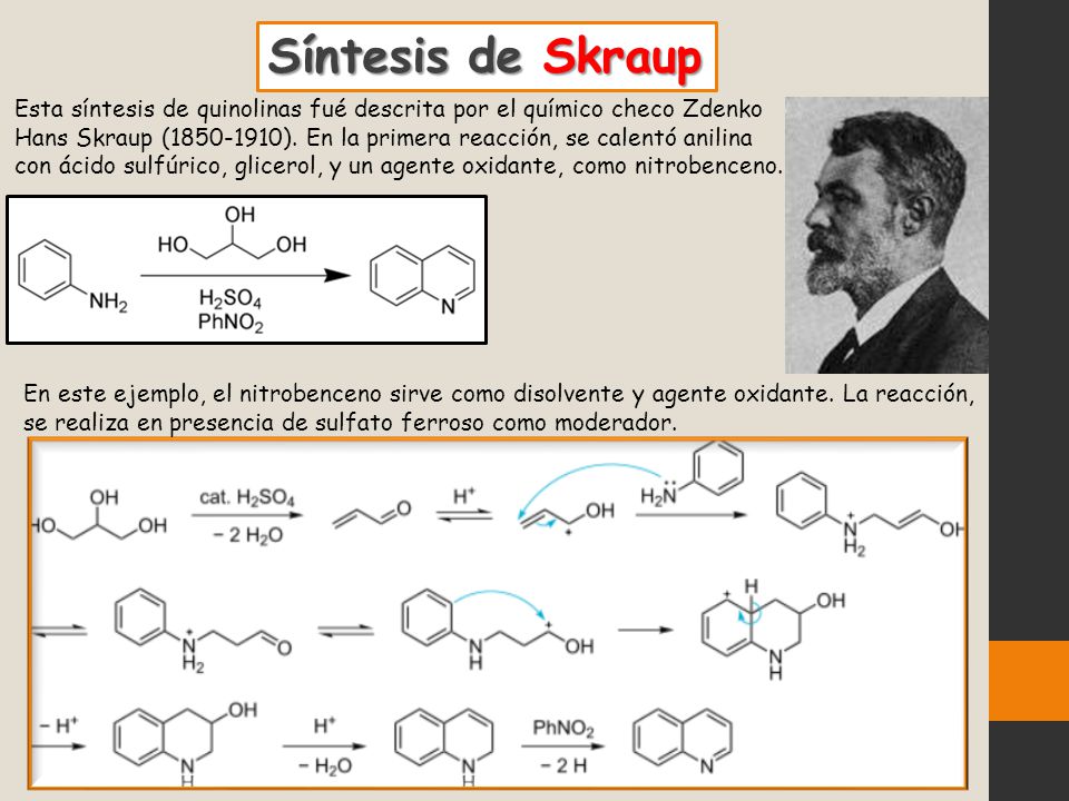 Síntesis de Skraup Esta síntesis de quinolinas fué descrita por el químico checo Zdenko.