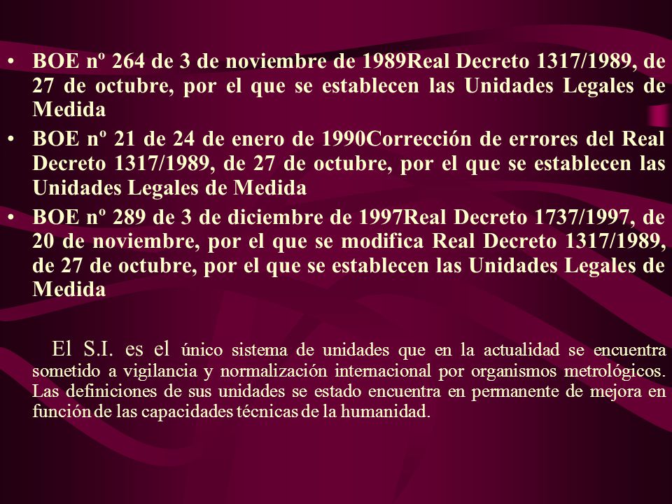 BOE nº 264 de 3 de noviembre de 1989Real Decreto 1317/1989, de 27 de octubre, por el que se establecen las Unidades Legales de Medida