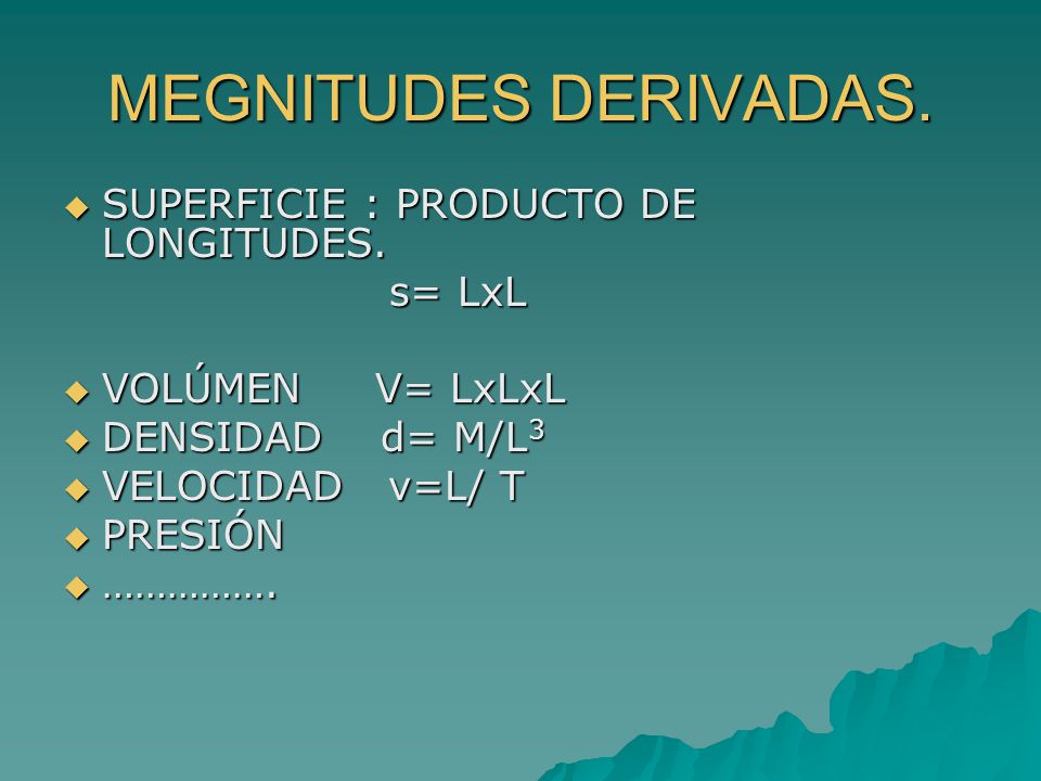 MEGNITUDES DERIVADAS. SUPERFICIE : PRODUCTO DE LONGITUDES. s= LxL