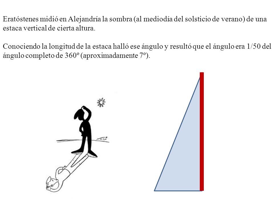 Eratóstenes midió en Alejandría la sombra (al mediodía del solsticio de verano) de una estaca vertical de cierta altura.