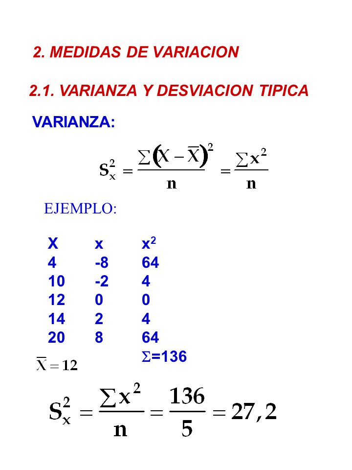 2. MEDIDAS DE VARIACION 2.1. VARIANZA Y DESVIACION TIPICA. VARIANZA: EJEMPLO: X x x