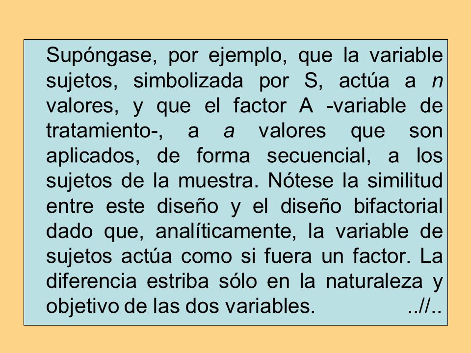 Supóngase, por ejemplo, que la variable sujetos, simbolizada por S, actúa a n valores, y que el factor A -variable de tratamiento-, a a valores que son aplicados, de forma secuencial, a los sujetos de la muestra.