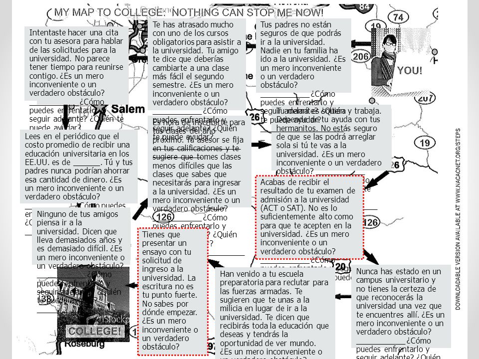 Te has atrasado mucho con uno de los cursos obligatorios para asistir a la universidad. Tu amigo te dice que deberías cambiarte a una clase más fácil el segundo semestre. ¿Es un mero inconveniente o un verdadero obstáculo ___________ ¿Cómo puedes enfrentarlo y seguir adelante ¿Quién te puede ayudar _______________________________