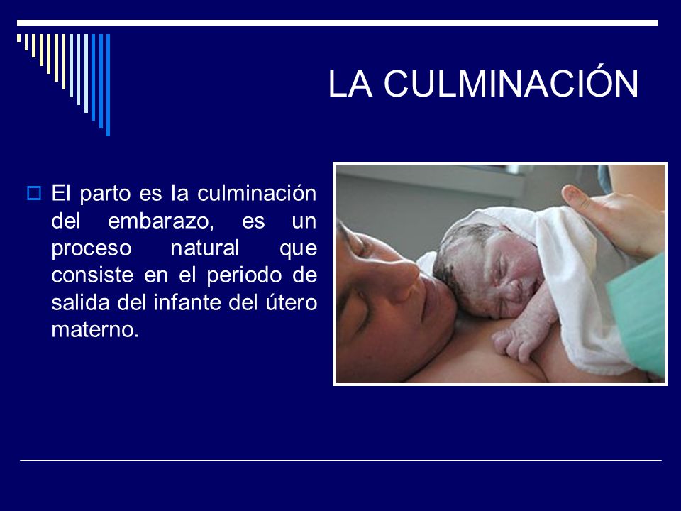 LA CULMINACIÓN El parto es la culminación del embarazo, es un proceso natural que consiste en el periodo de salida del infante del útero materno.