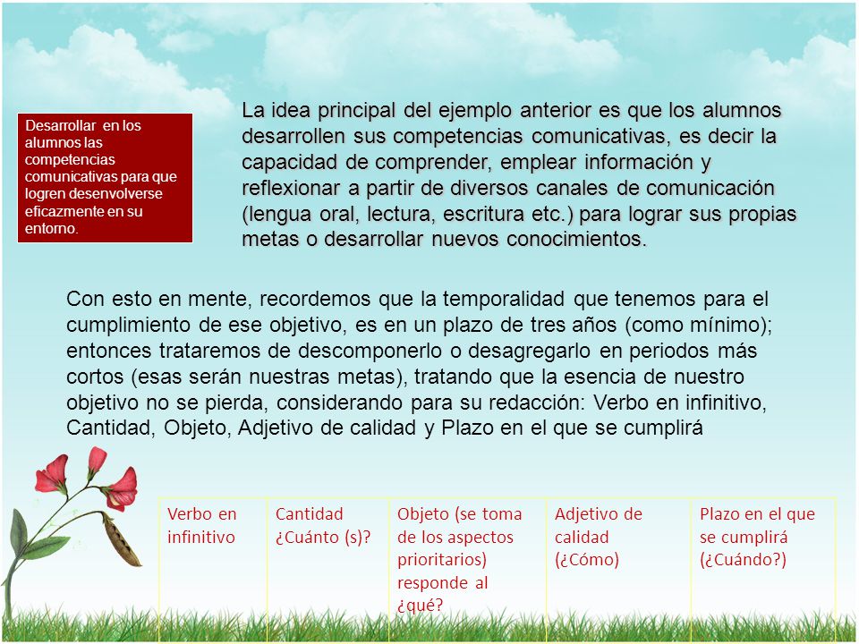 La idea principal del ejemplo anterior es que los alumnos desarrollen sus competencias comunicativas, es decir la capacidad de comprender, emplear información y reflexionar a partir de diversos canales de comunicación (lengua oral, lectura, escritura etc.) para lograr sus propias metas o desarrollar nuevos conocimientos.