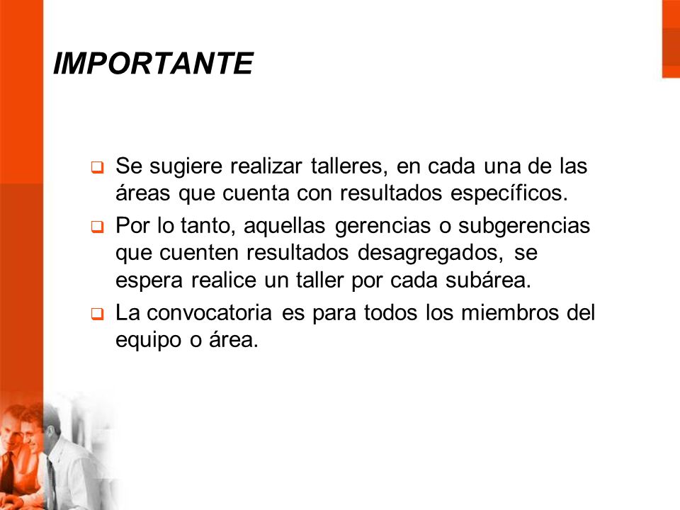 IMPORTANTE Se sugiere realizar talleres, en cada una de las áreas que cuenta con resultados específicos.