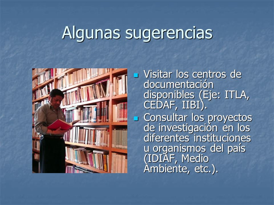 Algunas sugerencias Visitar los centros de documentación disponibles (Eje: ITLA, CEDAF, IIBI).
