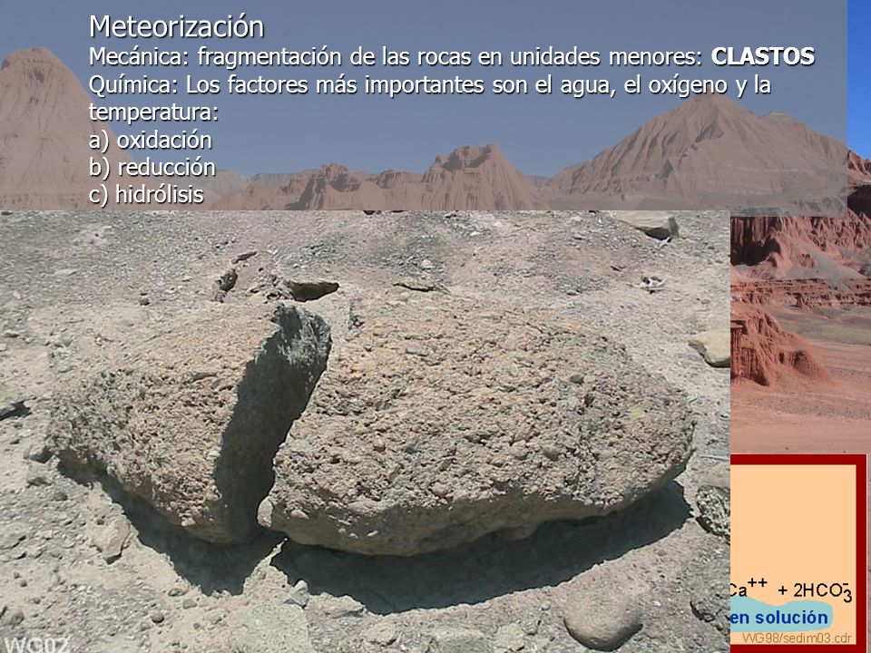 Meteorización Mecánica: fragmentación de las rocas en unidades menores: CLASTOS Química: Los factores más importantes son el agua, el oxígeno y la temperatura: a) oxidación b) reducción c) hidrólisis